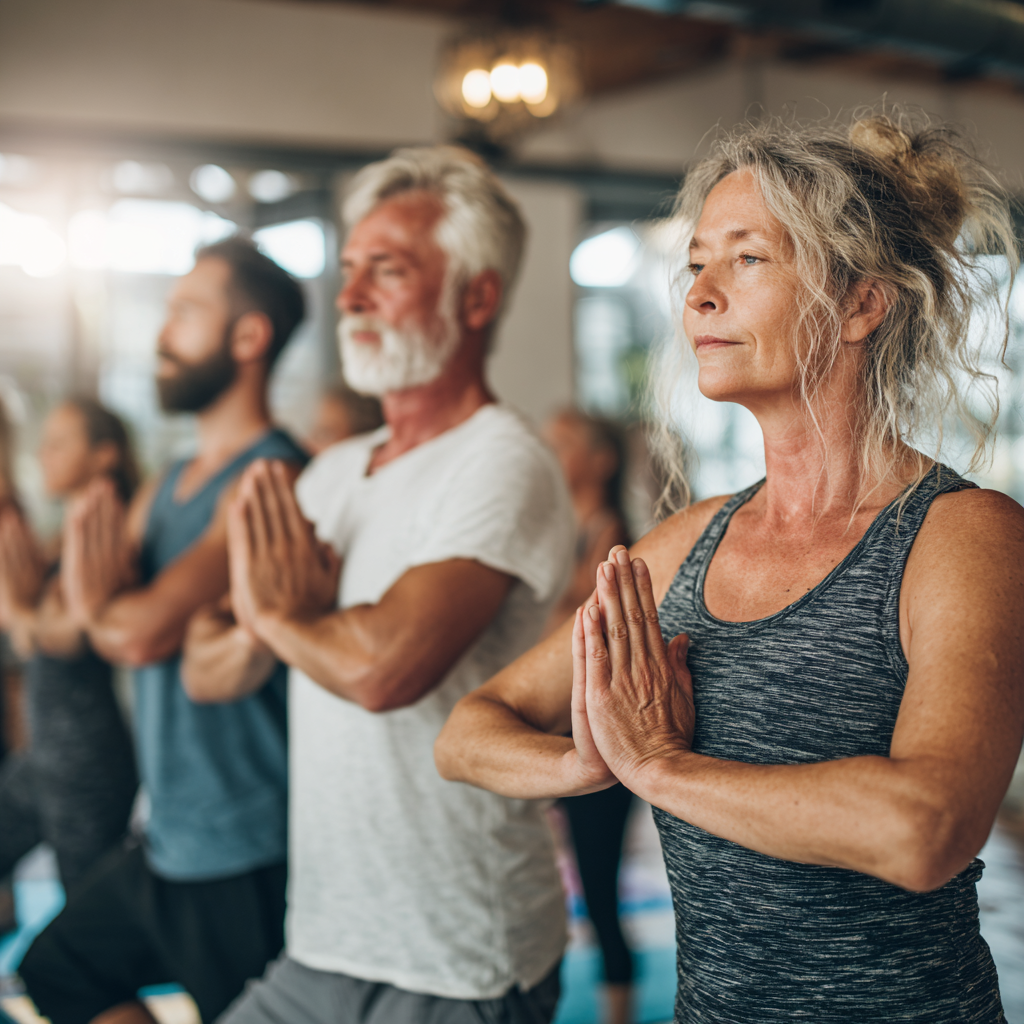 Group of middle-aged adults practicing yoga together in peaceful studio environment