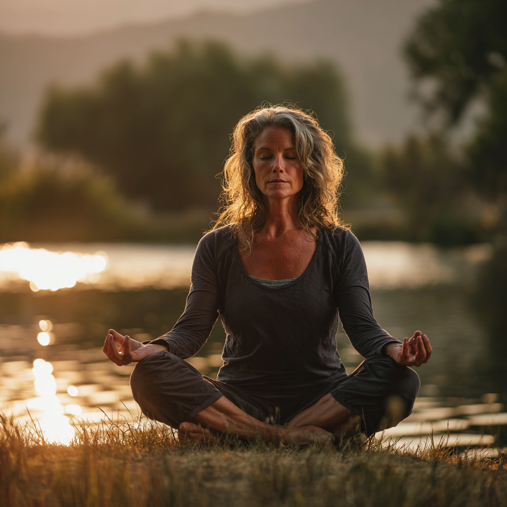 Mature adult practicing yoga meditation in serene natural setting