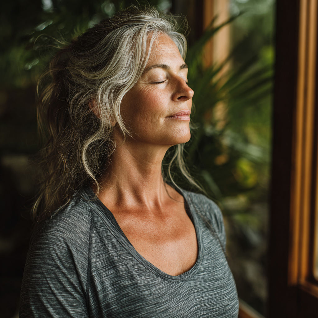 Middle-aged woman practicing yoga in peaceful environment with natural lighting